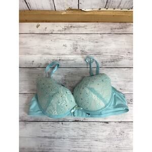Xoxo Women Push Up Padded Bra Size 34B Blue Lace Floral Beaded Underwired